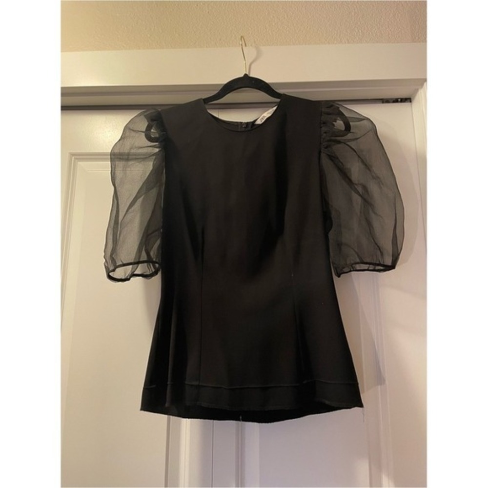Zara Blouse Black Sheer Organza Puff Sleeve Back Zip Structured Coquette Medium